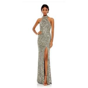 Mac Duggal Sequin Halter Open Back Gown Platinum 4112 Size 2
